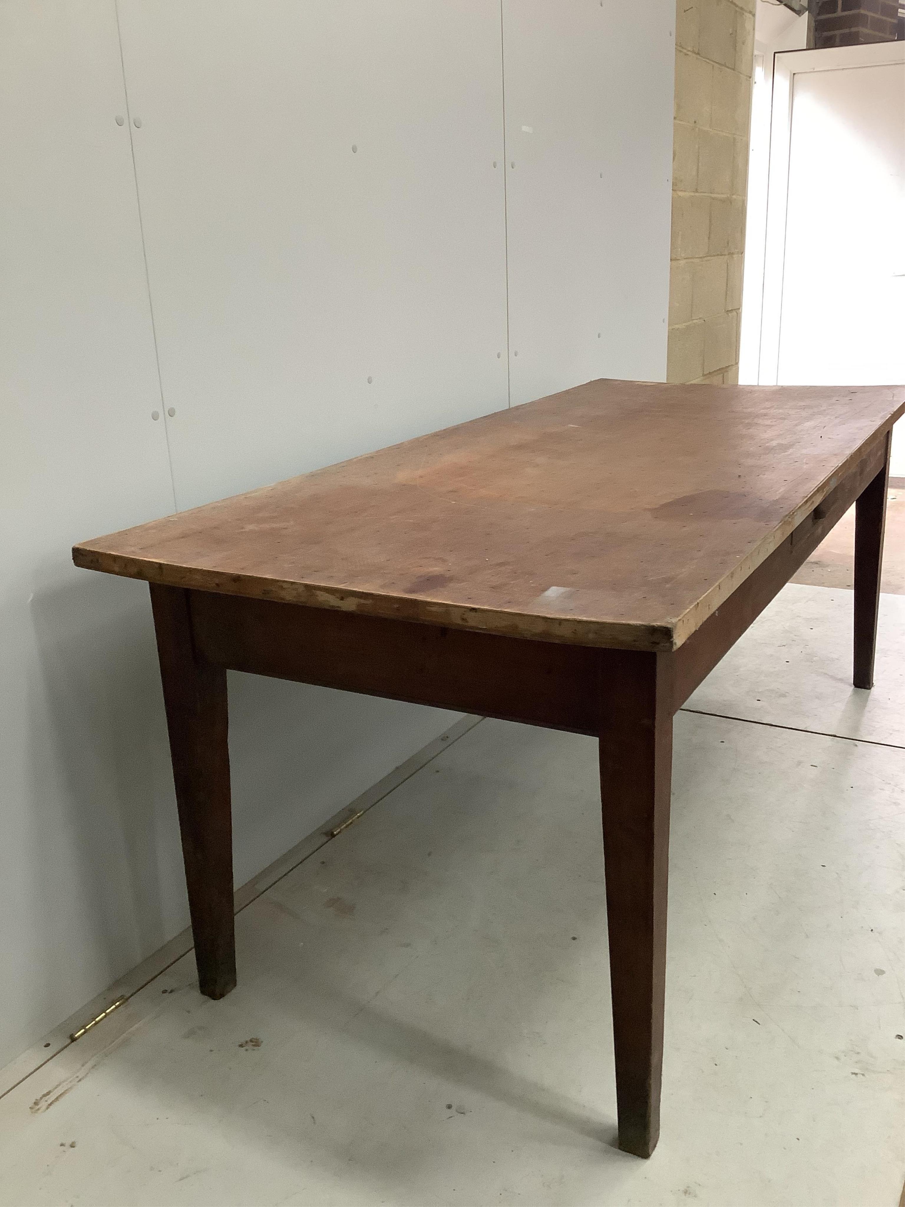 A French farmhouse kitchen table with two drawers, width 197cm, depth 85cm, height 78cm. Condition - poor